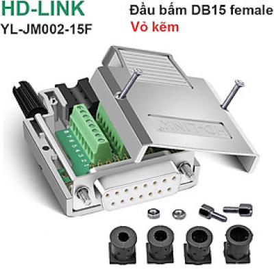 Đầu bấm cổng DB15 cái female bắt vít kèm vỏ ốp kẽm chân đồng mạ vàng 24K HD-LINK YL-JM002-15F. Hàng Chính Hãng !!!