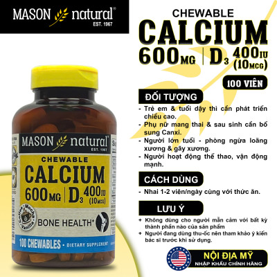 Calcium 600MG + D3 Mason Natural Hộp 100 viên tăng chiều cao xương răng chắc khỏe ngừa loãng xương