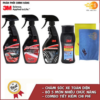 Bộ 5 sản phẩm 3M chai xịt bảo dưỡng nội thất 39040LT, bảo dưỡng lốp 39042LT, tăng độ bóng sơn 39034LT, chống bám nước kính xe 08889LT và khăn lau chuyên dụng SQ21 (màu ngẫu nhiên) 