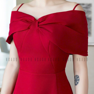 Đầm đỏ bẹt vai NGADO , đầm xòe dáng dài , đầm dự tiệc