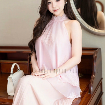 Chân váy dập ly hồng NGADO , chân váy xòe dáng dài