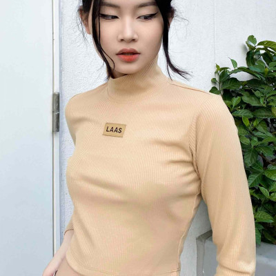 LAAS Áo cổ lọ tay dài dáng croptop ôm khoe eo thon