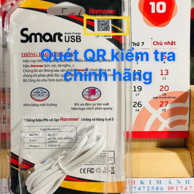 Bộ củ và cáp sạc Ham mer 2.1A Chân cắm L, Hàng Chính Hãng check QR bảo hành 12 tháng