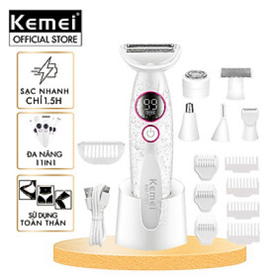 Máy tẩy lông đa năng 11in1 Kemei KM-7101 gồm đầu thay thế chuyên dụng cạo lông, sử dụng toàn thân - Chính hãng