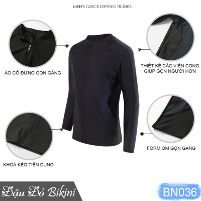 Đồ bơi nam cỡ đại đến 130kg, quần áo tắm big size cho người béo mập, áo dài tay khoá kéo & quần dài chống nắng, chất thun bơi lạnh Hàn co giãn đa chiều | BN036