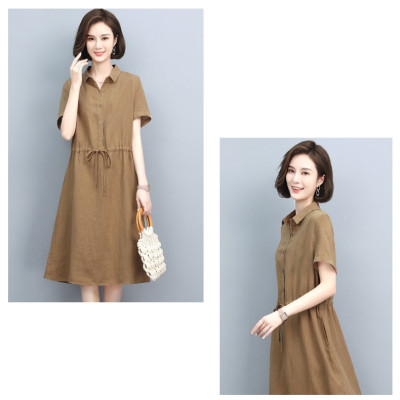 Đầm linen nữ cổ sơ mi ngắn tay kèm dây thát eo, thời trang công sở cho nữ đi làm Haint Boutique