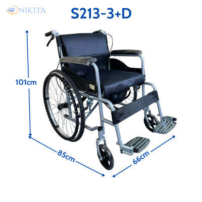 Xe lăn tay có tích hợp bô vệ sinh kèm đệm, tấm lót tựa lưng và chổ ngồi vải tổ Ong thoáng khí có thể tháo rời để vệ sinh - S213-3+D