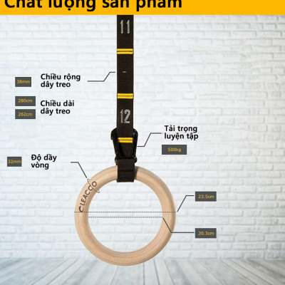 Vòng treo gỗ Gymnastic Rings Cleacco có vạch kẻ số , khóa cài thông minh tiện lợi , chắc chắn treo xà đơn , các bài tập dip rings , street workout , bảo hành 12 tháng - BORO SPORT