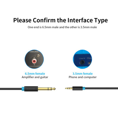 VENTION 3.5mm to 6.5mm Audio Cable Male to Male Audio Cable for Phone Speaker Guitar 5m (Black)