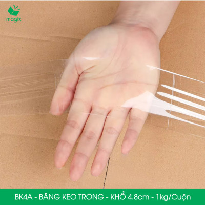 BK4A - 12 cuộn băng keo trong 1kg, khổ 4.8cm lõi nhựa - Băng dính đóng hàng, băng keo khổ lớn