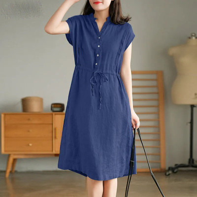 Đầm suông cổ tròn, chất liệu linen mặc dề chịu có dây thắt eo màu xanh đen da160