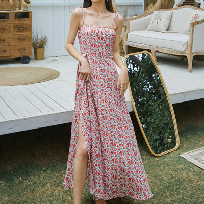 Đầm maxi xẻ tà dàng dài, họa tiết hoa nhí màu đẹp, chất voan tơ cao cấp, váy 2 kiểu mặc: 2 dây và vai trần | MX056