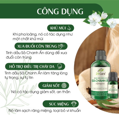Tinh Dầu Sả Chanh Ấn Nguyên Chất 24Care - Tinh Dầu Xông Thơm Phòng Giúp Giảm Căng Thẳng, Thư giãn, Đuổi Muỗi và Khử Mùi - Tinh dầu Bạc hà/ Cam Ngọt/ Oải hương/ Ngọc Lan Tây/ Tràm Trà/ Bưởi Ngọt/ Vỏ Quế