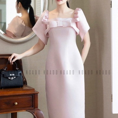 Đầm hồng cổ vuông tay phồng NGADO , đầm dự tiệc , đầm sang trọng