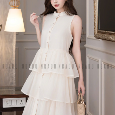 Đầm babydoll kem vàng cổ trụ NGADO , đầm babydoll , đầm Nữ