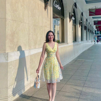 Đầm Xoè  Nữ Tính, Thanh Lịch  Soleil DRE218Floral hoa vàng thời trang thiết kế Hity