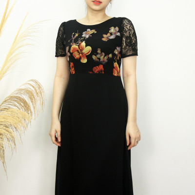 Đầm trung niên bigsize - Đầm xòe A voan hoa tay ren TIFALU900