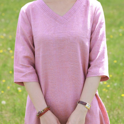 Đầm suông linen nữ cổ V, thiết kế trơn basic, thời trang nữ thanh lịch, nhẹ nhàng NH198 hồng