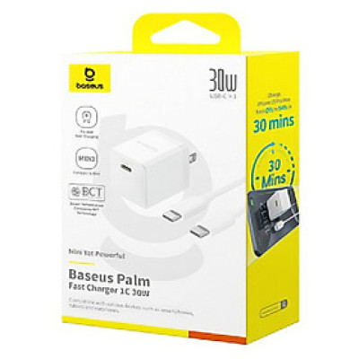 Bộ sạc nhanh nhỏ gọn Baseus Palm 1C 30W Kèm cáp C to C 60w dài 1M - Hàng chính hãng