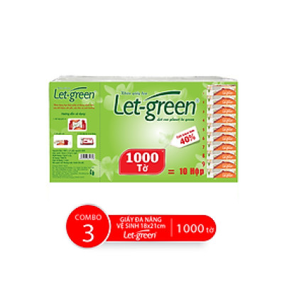 Combo 3 Bao Bổ Sung Khăn Giấy Vệ Sinh Đa Năng 18*21cm LET-GREEN, 1000 Tờ/Bao