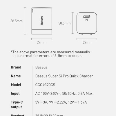 Bộ sạc nhanh IP13 Baseus 20W Super Si Pro Mini USB C sạc nhanh QC3.0 PD - Hàng chính hãng