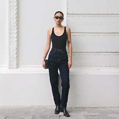 Quần Mom Jeans Lưng Cao Màu Indigo Aaa Jeans