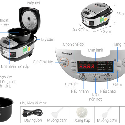 Nồi cơm điện tử Toshiba RC-18DR2PV(K) - 1.8L - Lòng nồi dày 4mm, chống dính - Hàng chính hãng, bảo hành 12 tháng