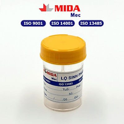 Lọ đựng mẫu bệnh phẩm MidaMec có gá 40ml PS đóng gói 100 lọ/bao - Nắp Vàng