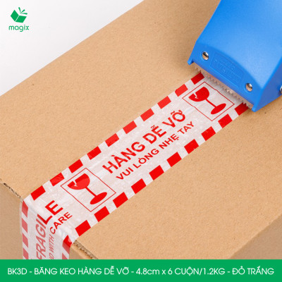 BK3D - Băng keo HÀNG DỄ VỠ màu đỏ trắng khổ 4.8 cm - Băng dính niêm phong - 1 cuộn
