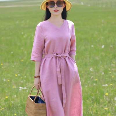 Đầm suông linen nữ cổ V, thiết kế trơn basic, thời trang nữ thanh lịch, nhẹ nhàng NH198 hồng