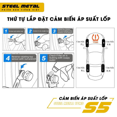 Cảm biến áp suất lốp ô tô xe hơi cao cấp STEEL METAL S5 TPMS Cảnh báo tiếng Việt độc quyền Pin mặt trời Màn LCD vios