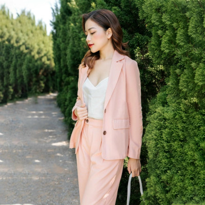 Set áo khoác blazer + quần dài chất linen, màu hồng trẻ trung nữ tính, thời trang công sở Haint Boutique Bv02