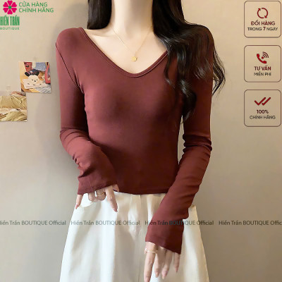 Áo thun nữ cổ tim Hiền Trần BOUTIQUE dài tay dáng lỡ crop mặc thu đông chất cotton co giãn Top Women A9
