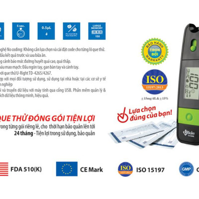 Bộ máy đo đường huyết Uright TD-4265 + Tặng kèm 25 que thử đường huyết và 25 kim chích máu