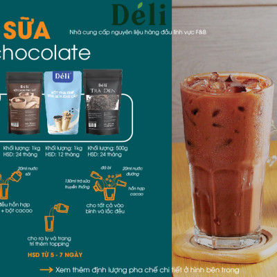 Combo Bột Sữa Cao Cấp 1kg+ Hồng trà Déli 400gr+ Bột cacao Déli 1kg, nguyên liệu pha chế trà sữa Chocolate