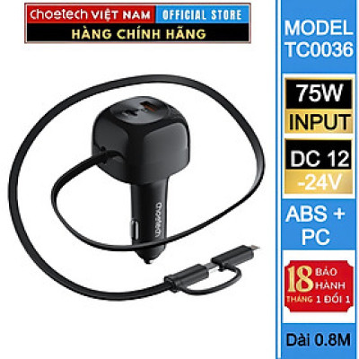 Tẩu sạc nhanh trên ô tô 75W Choetech TC0036 tích hợp cáp sạc rút Type C kèm đầu nối IP - Hàng chính hãng