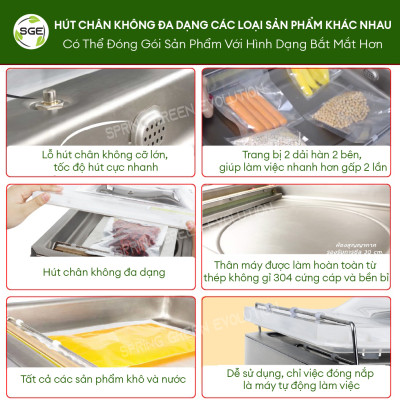 Máy Hút Chân Không/Máy Ép Chân Không Công Nghiệp Buồng VCC04, Hút Mọi Loại Thực Phẩm Khô, Nước, Mọi Loại Bao Bì, Không Kén Túi. Hàn Hút Tốc Độ Cao Liên Tục 24/7. Hàng Nhập Khẩu Chính Hãng SGE Thailand