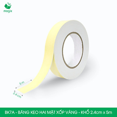 BK7A - 10 cuộn băng keo xốp 2 mặt siêu dính - Khổ 2.4cm x 5m - Băng dính xốp vàng, băng keo hai mặt