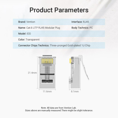Đầu nối mạng Cat.6 Vention IDDR0-50 Đầu cắm mô-đun RJ45 Địa chỉ liên hệ mạ vàng Chất liệu PC Cat.6 UTP 50 miếng
