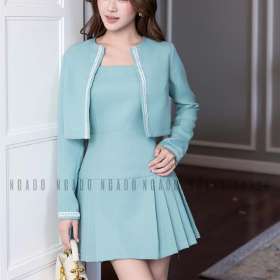 Set áo váy xanh mint dài tay NGADO , set áo váy , set dự tiệc , công sở