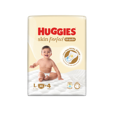 Tã quần Huggies Skin Perfect Mega Jumbo L88+4 miếng với 2 vùng thấm giảm kích ứng da