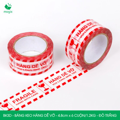 BK3D - Băng keo HÀNG DỄ VỠ màu đỏ trắng khổ 4.8 cm - Băng dính niêm phong - 12 cuộn