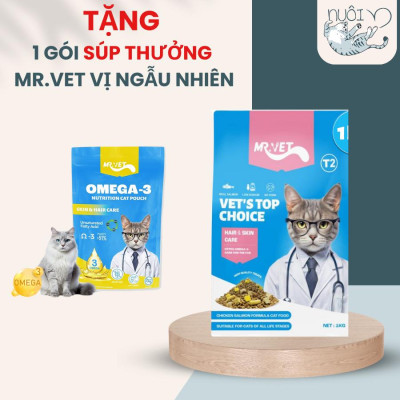 [Hoả tốc] Thức Ăn Cho Mèo MRVET T2 Mới, Gói 1KG Tăng Cường Omega 3, Mượt Lông, Giảm Rụng