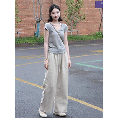 Quần dài suông linen thô cao cấp đũng ngắn lưng thun (Be Sáng)