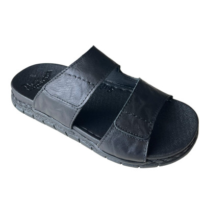 Dép  da Nam quai ngang đế cao 3.5cm Trường Hải may viền da bò thật Màu đen QN155 